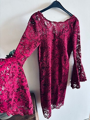 38 Beden bordo Renk Bordo - vişne rengi güpür dantelli elbise