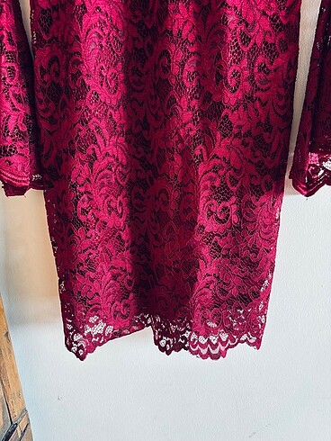 38 Beden Bordo - vişne rengi güpür dantelli elbise
