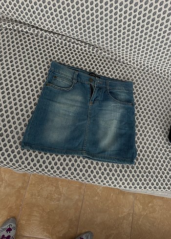 Gri Kemerli Mavi Denim Mini Etek