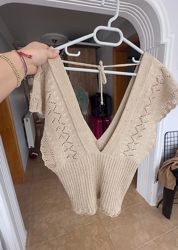 Bej V Yakalı Kısa Örgü Bohem Süveter - Görsel 2