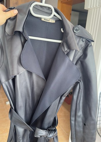 Kemerli Gri Deri Kadın Trençkot - Görsel 4