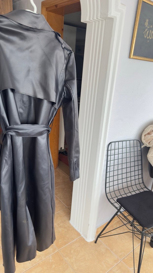 Kemerli Gri Deri Kadın Trençkot - Görsel 3