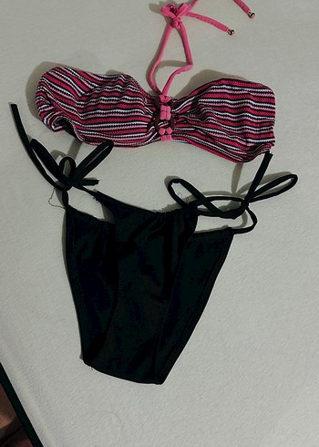 Pembe Siyah Mini Bikini, İnce Askılı, Elastik