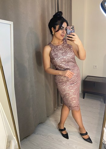 Pudra Dantel Detaylı Midi Abiye Elbise - Görsel 10