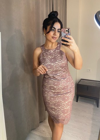 Pudra Dantel Detaylı Midi Abiye Elbise - Görsel 7