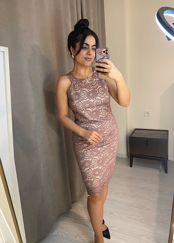 Pudra Dantel Detaylı Midi Abiye Elbise - Görsel 4