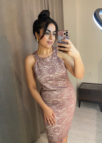 Pudra Dantel Detaylı Midi Abiye Elbise - Görsel 3