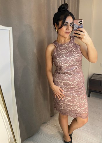 Pudra Dantel Detaylı Midi Abiye Elbise - Görsel 8