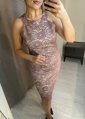 Pudra Dantel Detaylı Midi Abiye Elbise - Görsel 6