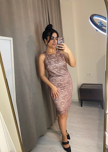 Pudra Dantel Detaylı Midi Abiye Elbise - Görsel 5