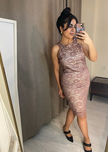 Pudra Dantel Detaylı Midi Abiye Elbise - Görsel 9