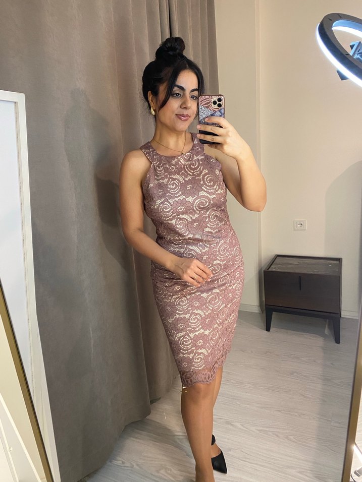 Pudra Dantel Detaylı Midi Abiye Elbise - Görsel 4