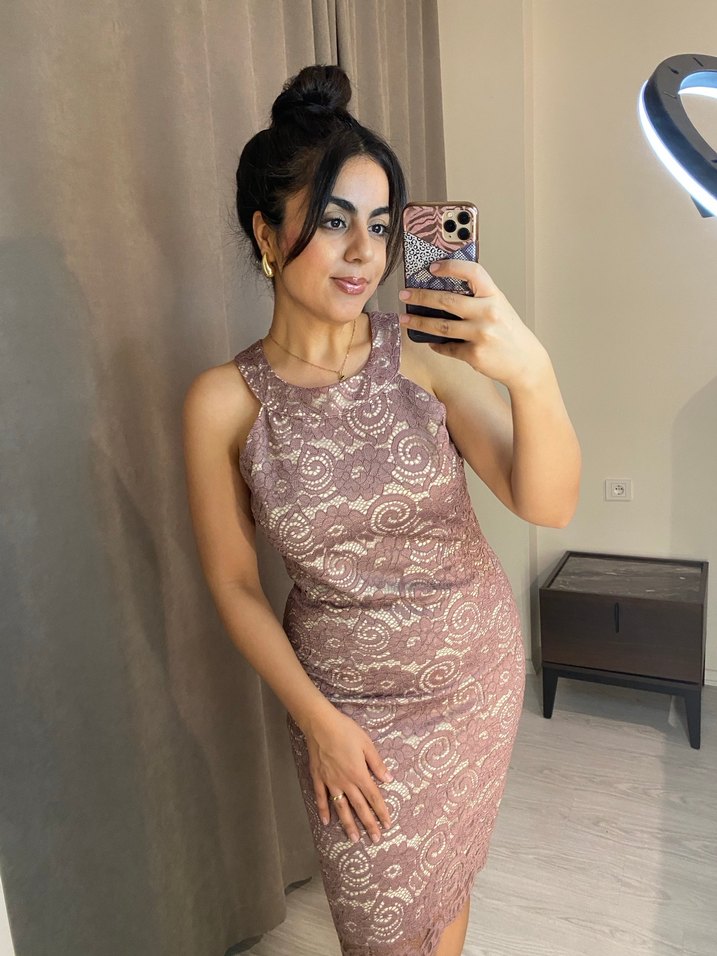 Pudra Dantel Detaylı Midi Abiye Elbise - Görsel 3