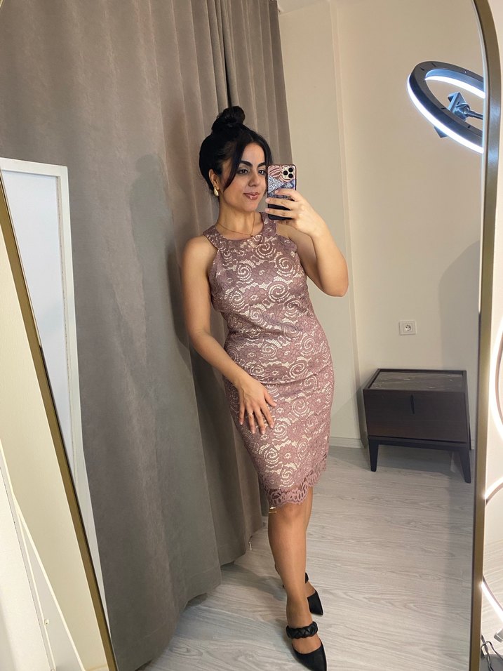 Pudra Dantel Detaylı Midi Abiye Elbise - Görsel 5