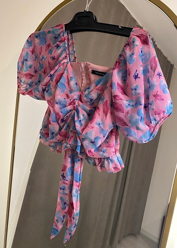 Pembe V Yaka crop Bluz - Görsel 6