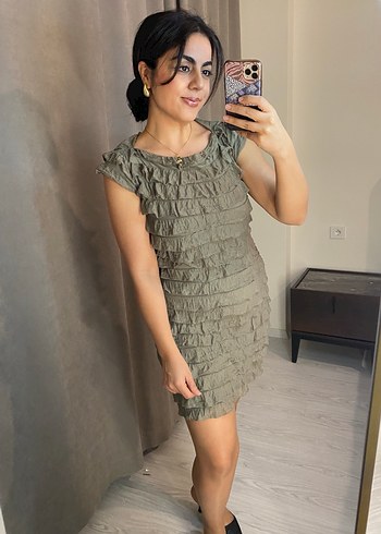 Haki Fırfırlı Esnek Elbise - Görsel 5