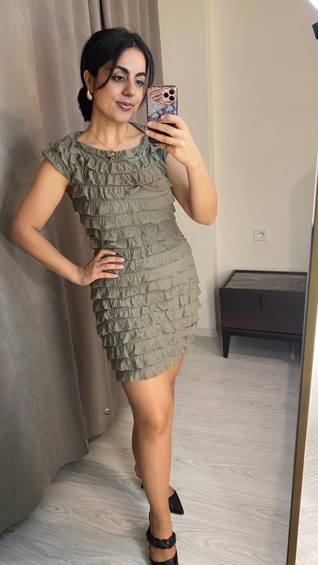 Haki Fırfırlı Esnek Elbise - Görsel 2