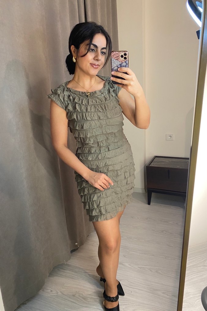 Haki Fırfırlı Esnek Elbise - Görsel 3