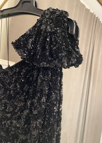 Gösterişli Siyah Payetli Uzun Abiye Elbise - Görsel 6