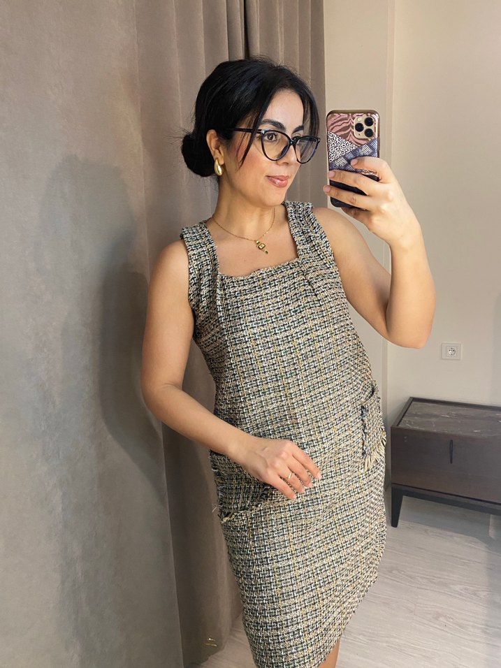 Gri Kareli Midi Elbise - Görsel 3