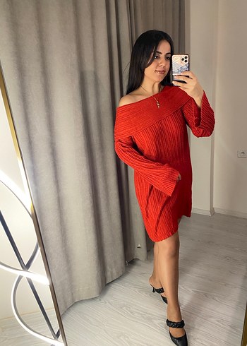 Uzun Kollu Kırmızı Triko Mini Elbise - Görsel 9