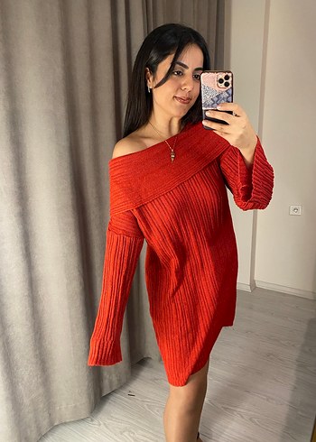 Uzun Kollu Kırmızı Triko Mini Elbise - Görsel 2