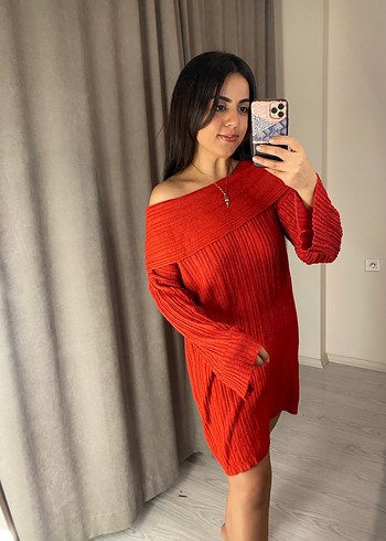 Uzun Kollu Kırmızı Triko Mini Elbise - Görsel 5