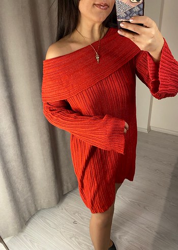 Uzun Kollu Kırmızı Triko Mini Elbise - Görsel 7