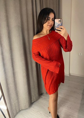 Uzun Kollu Kırmızı Triko Mini Elbise - Görsel 6