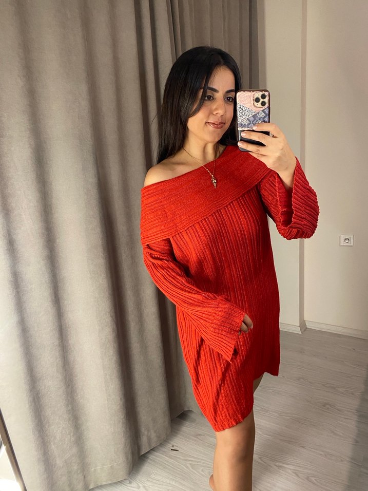 Uzun Kollu Kırmızı Triko Mini Elbise - Görsel 5