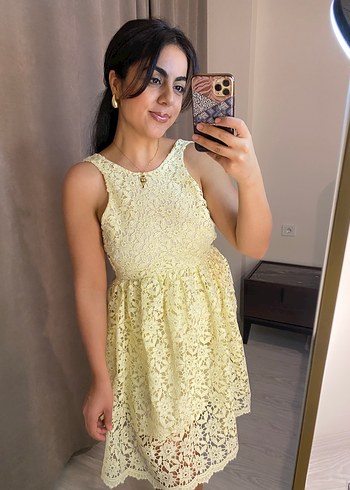 Sarı Dantel Mini Elbise - Görsel 5