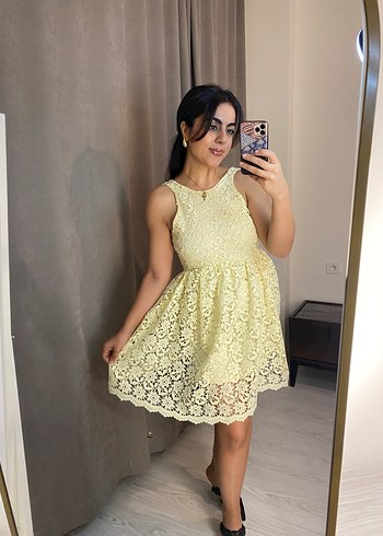 Sarı Dantel Mini Elbise - Görsel 3