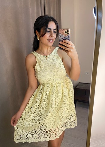 Sarı Dantel Mini Elbise - Görsel 7