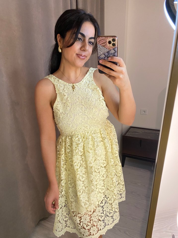 Sarı Dantel Mini Elbise - Görsel 5