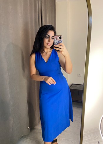 Mavi V Yakalı Midi Elbise - Görsel 5