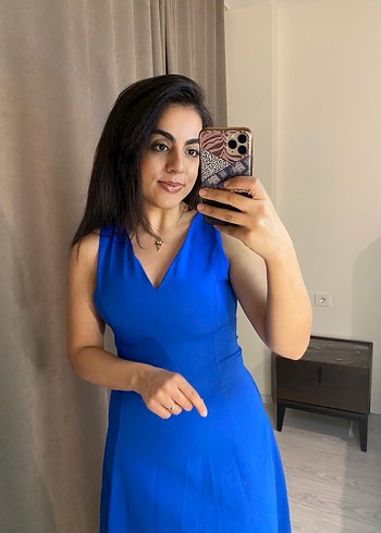 Mavi V Yakalı Midi Elbise - Görsel 6