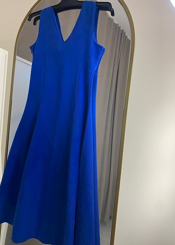 Mavi V Yakalı Midi Elbise - Görsel 8