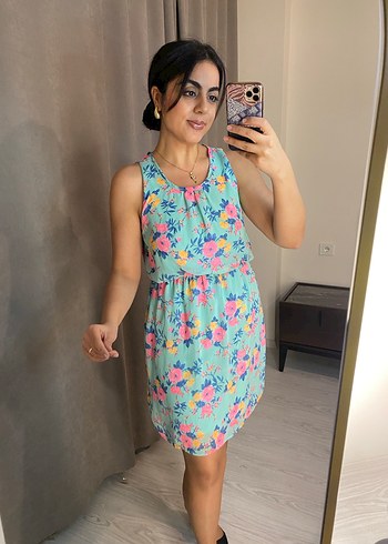 Turkuaz V Yaka Midi Transparan Elbise - Görsel 2