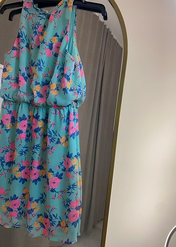 Turkuaz V Yaka Midi Transparan Elbise - Görsel 7