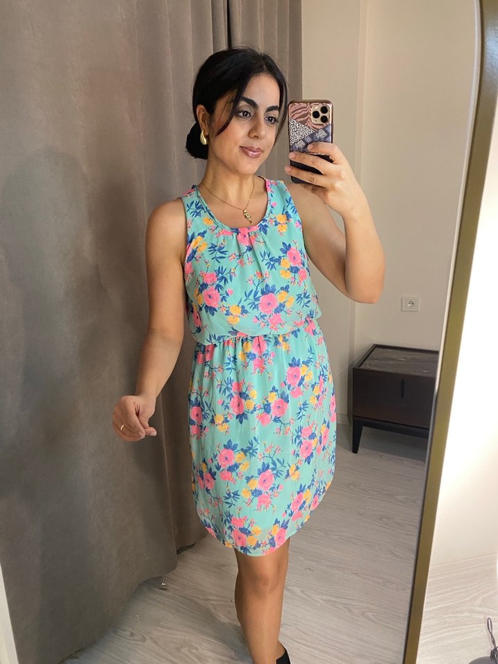 Turkuaz V Yaka Midi Transparan Elbise - Görsel 2