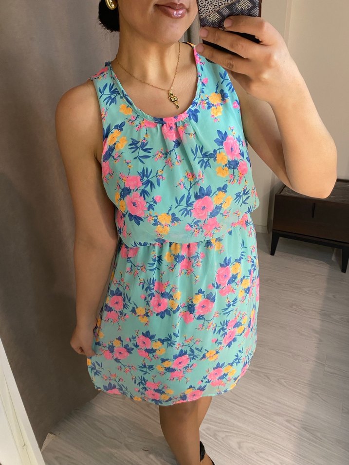 Turkuaz V Yaka Midi Transparan Elbise - Görsel 5