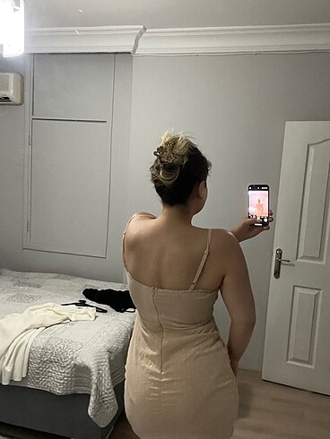 l Beden Nude renk mezuniyet elbisesi
