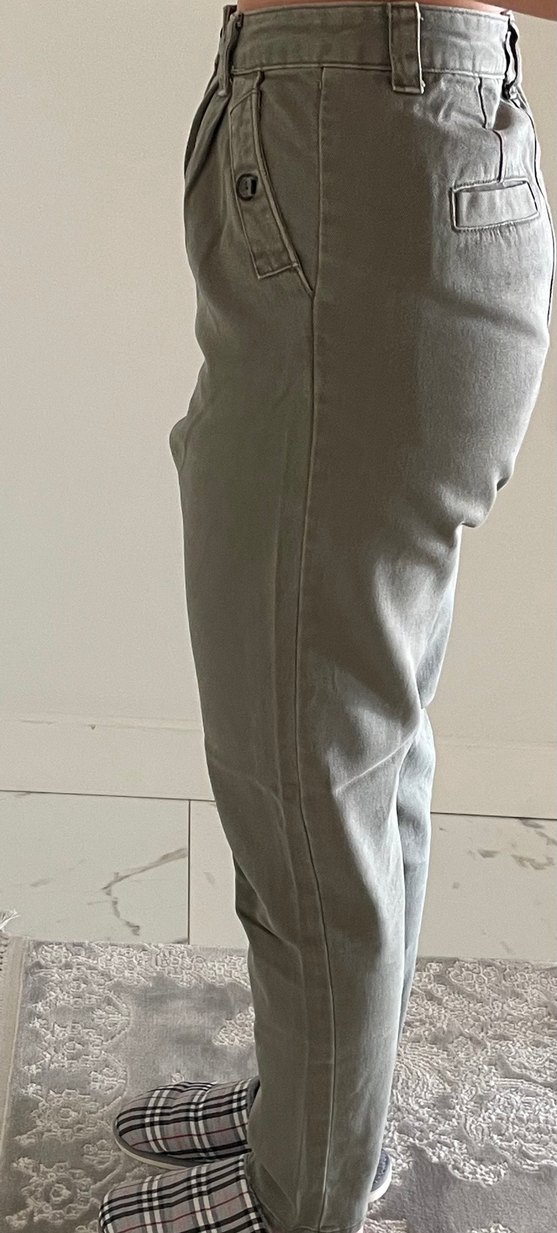 Düğmeli Haki Kadın Boyfriend Pantolon - Görsel 5