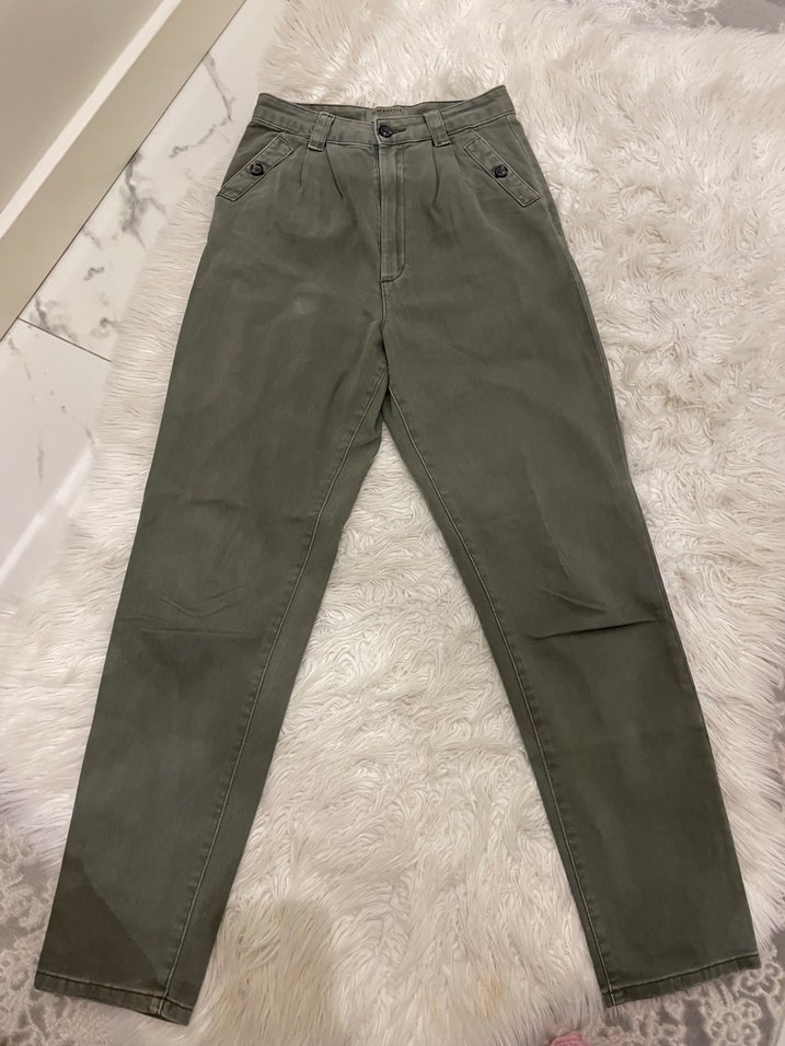 Düğmeli Haki Kadın Boyfriend Pantolon - Görsel 2