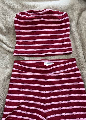 Bordo Çizgili Örgü Bebek Kız Takımı - Görsel 2