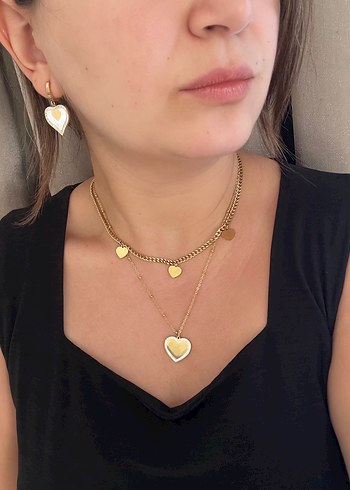 Diğer Altın Renk Zincir Detaylı Mini Kalp Kolye ve Küpe Kolye-Küpe Set