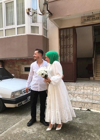 38 Beden Pamuklu Beyaz Etnik Desenli Uzun Elbise