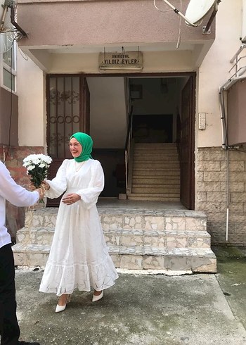 38 Beden beyaz Renk Pamuklu Beyaz Etnik Desenli Uzun Elbise