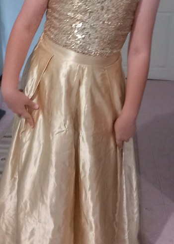 11-12 Yaş Beden Kız çocuk Vintage Gold Uzun Pilili Straplez Abiye