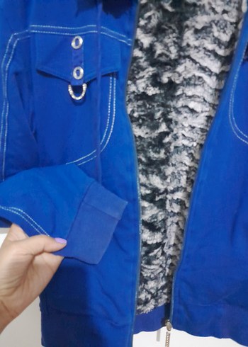 Kadın Mavi Kapüşonlu Kürklü Ceket S - Görsel 4